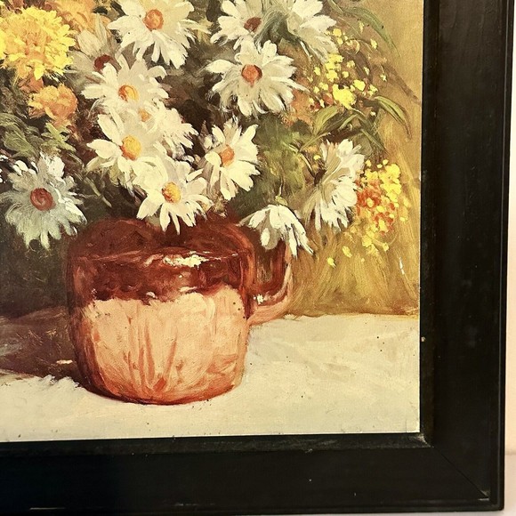 Vtg Floral Print On Wood 70’s Retro DAC N.Y. 1968 Daisies Yellow White R. Calao - Picture 6 of 7
